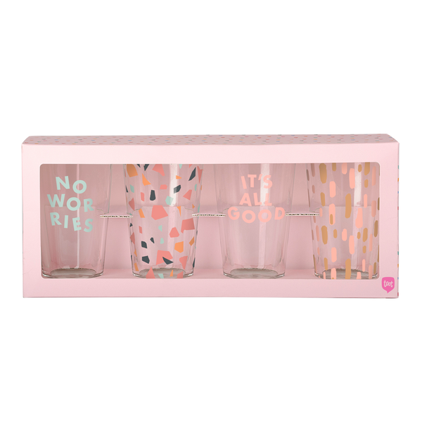 Set of 4 pint glasses with terrazzo print, sundrops print, it's all good, and no worries designs in pink box packaging.