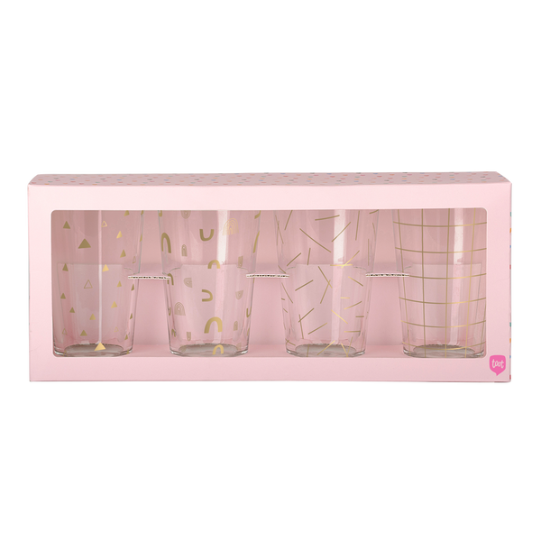Set of 4 pint glasses with gold print designs in pink box packaging.