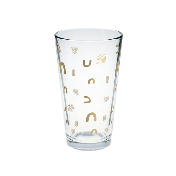 Clear glass pint glass with gold rainbow arches pattern.