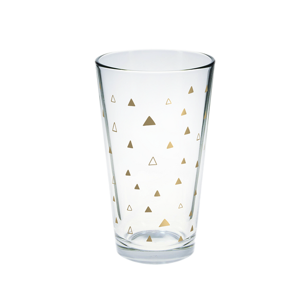 Clear glass pint glass with gold triangles pattern.