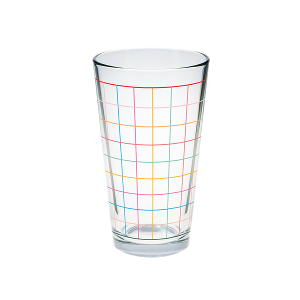 Glass pint glass with rainbow grid print.