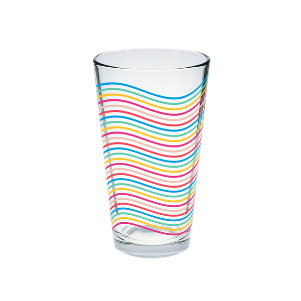 Glass pint glass with wavy rainbow lines pattern.