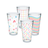 Set of 4 pint glasses with rainbow print designs.
