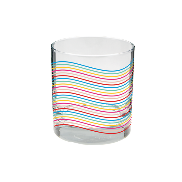 Clear rocks glass with rainbow wavy lines pattern.