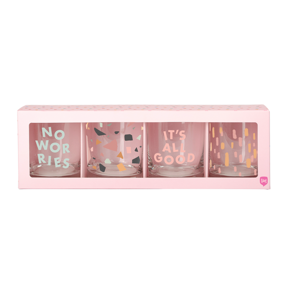 Set of 4 rocks glasses with terrazzo print, sundrops print, it's all good, and no worries designs in pink box packaging.