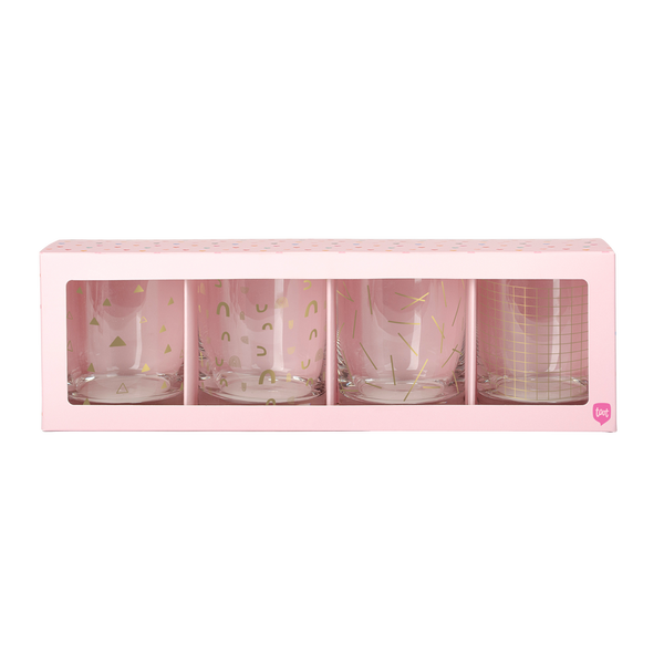 Set of 4 rocks glasses with gold print designs in pink box packaging.