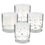 Set of 4 rocks glasses with gold print designs.