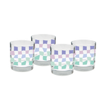 Clear glass cups with a funky checker pattern in cool colors of purple and blue.