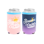 Buenos Dias Reversible Can Cooler is a cute can holder with pink Buenos Dias on one and purple Buenas Noches on the other. 
