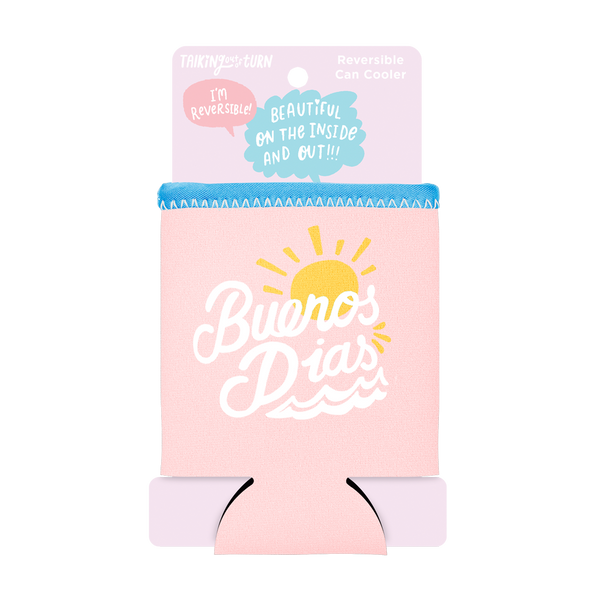Buenos Dias Reversible Can Cooler comes packaged with a cute pink cardboard sleeve.