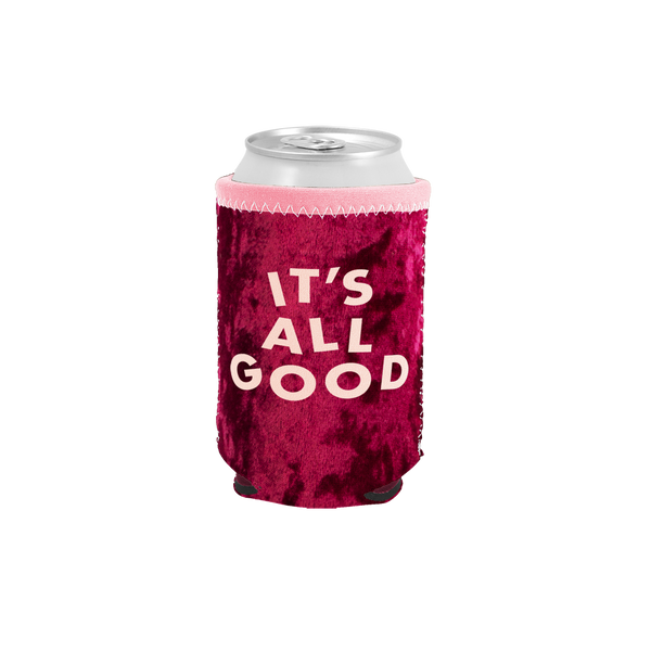 It's All Good Velvet Can Cooler is a red velvet with pink text.