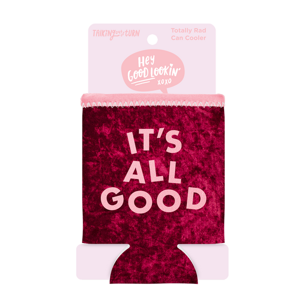 It's All Good Velvet Can Cooler comes packaged in a pink cardboard sleeve.