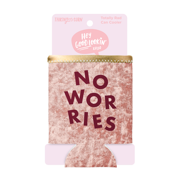 No Worries Velvet Can Cooler is packaged in a cute pink cardboard sleeve.