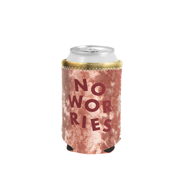 No Worries Velvet Can Cooler is a blush velvet with red no worries lettering.