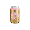 Stay Golden Metallic Can Cooler is a gold material with pink text lettering.