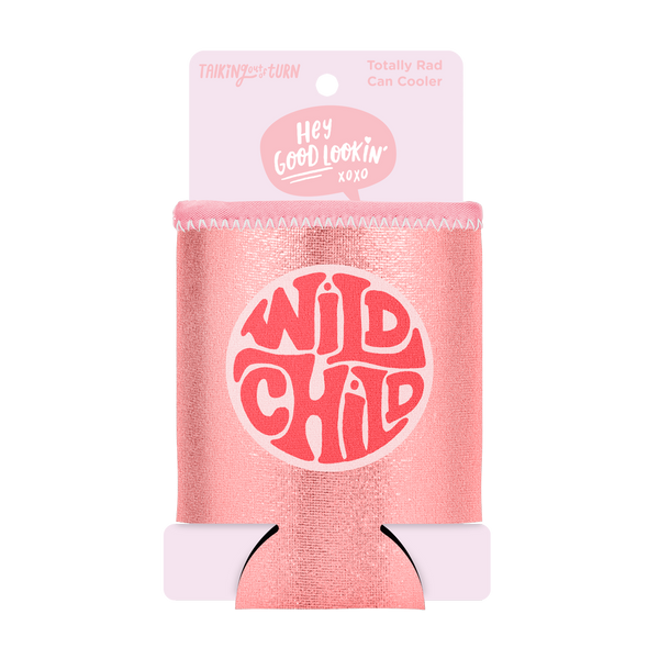 Wild Child Metallic Rose Gold Can Cooler comes packaged in a cute pink cardboard sleeve.