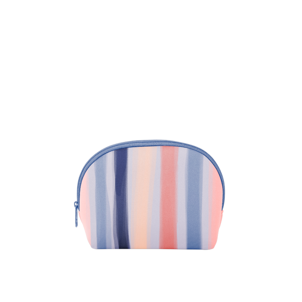 Cosmo Cutie is a cute cosmetics bag with pink, blue, and peach stripes pattern.