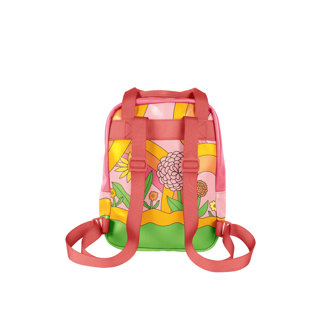 Cute, groovy flower pattern with rainbow swirls printed onto the mini backpack. Design in in pink, green, yellow, and orange colors. Straps are a peach pink