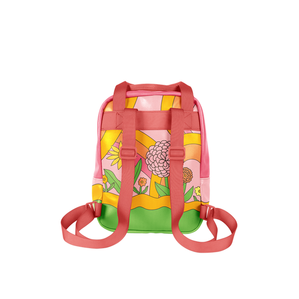 Cute, groovy flower pattern with rainbow swirls printed onto the mini backpack. Design in in pink, green, yellow, and orange colors. Straps are a peach pink