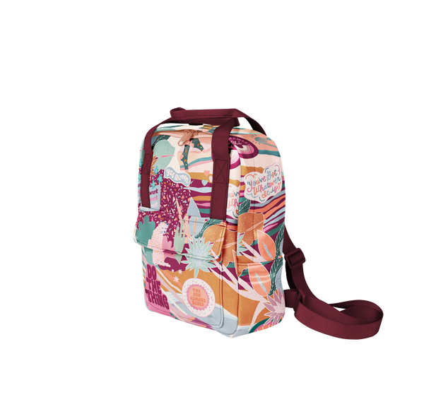 A jewel-toned backpack with a front pocket. Designed with succulents, rainbow arches and abstract lines.