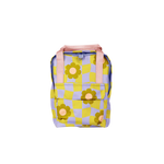 Periwinkle/Citron checkers with olive green daisys pattern mini backpack with pink strap.