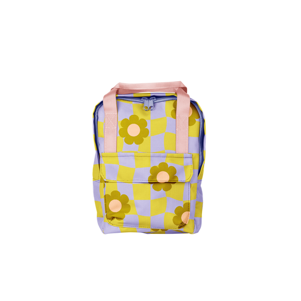 Periwinkle/Citron checkers with olive green daisys pattern mini backpack with pink strap.