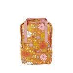 Multicolored flowered printed on an orange backpack with pink straps. Backpack is vegan leather and has a front pocket.