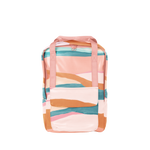 Vegan leather backpack with peach webbing and landscape pattern with a pocket on the bottom front of the bag. 