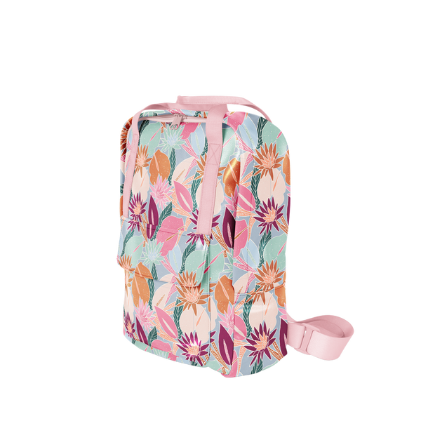 Colorful floral collage pattern with pink straps and a pocket in the bottom front of bag.