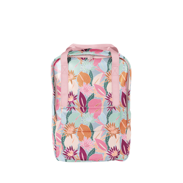 Colorful floral collage pattern with light pink webbing. 