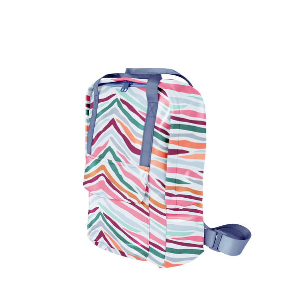 Colorful striped print with blue webbing. 