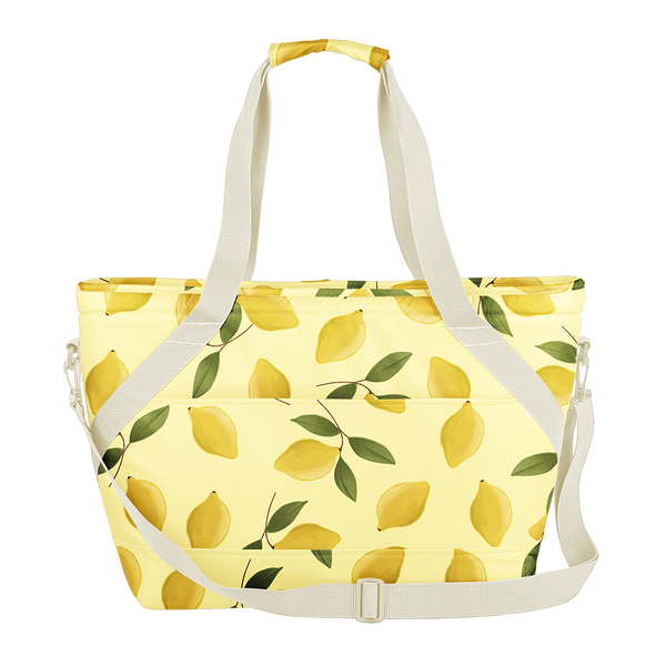 Ice Queen Squeeze the Day is a large soft sided cooler bag in yellow with lemons pattern and durable nylon strap.