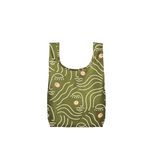An olive green, small sized tote bag with female faces printed on in white lines that are not connected.