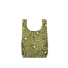 An olive green, small sized tote bag with female faces printed on in white lines that are not connected.