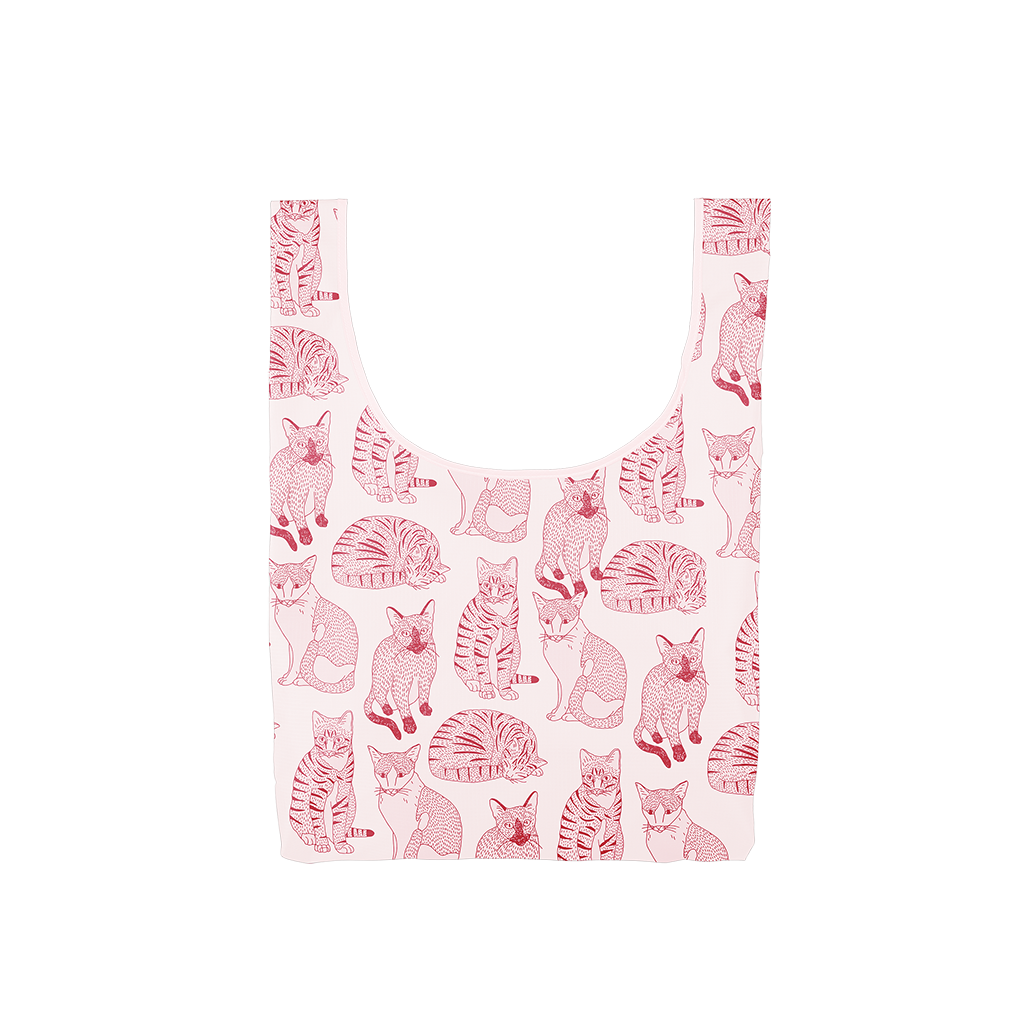 Twist and Shout Cat Lady is a medium, cute reusable tote bag in pink with illustrated cats pattern.