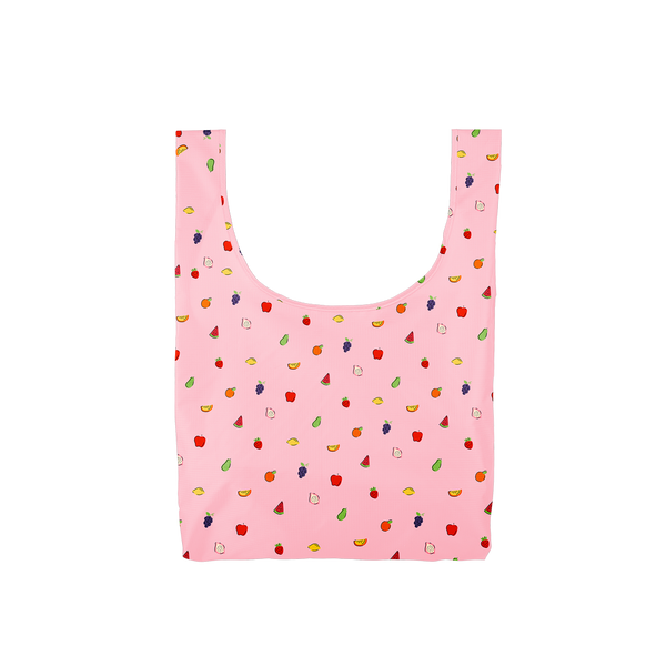Twist and Shout Fruit Punch is a medium, cute reusable bag in pink with tiny fruits pattern.