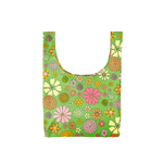 A medium, green reusable tote with yellow, orange, pink, green and coral flowers. 