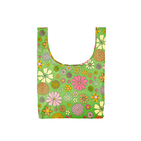 A medium, green reusable tote with yellow, orange, pink, green and coral flowers. 