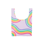 A medium purple reusable tote with rainbow paths twisting on and off the tote.