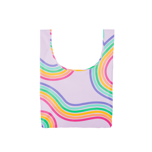 A medium purple reusable tote with rainbow paths twisting on and off the tote.