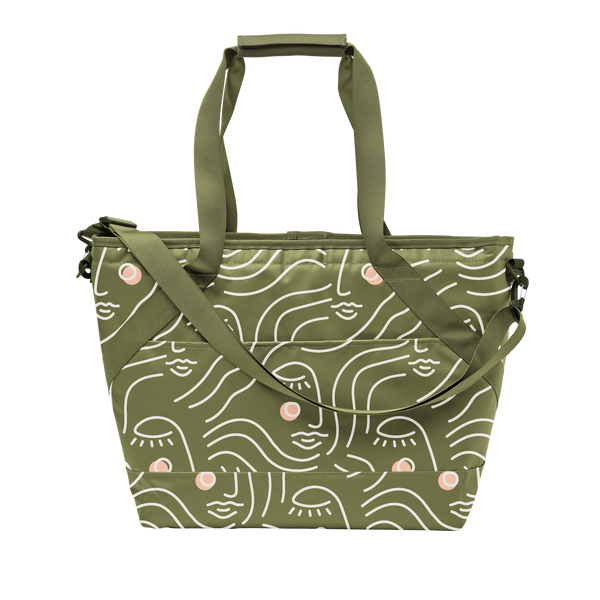 olive green ice princess cooler with white silhouette of a woman's face with pink cheeks. Cooler has both a top and shoulder handle for easy carrying.