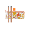 Cute retro groovy floral print pencil kit with a clear vinyl pouch, three pencils, and a square eraser.