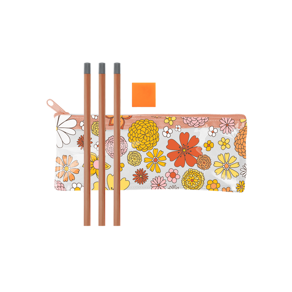 Cute retro groovy floral print pencil kit with a clear vinyl pouch, three pencils, and a square eraser.