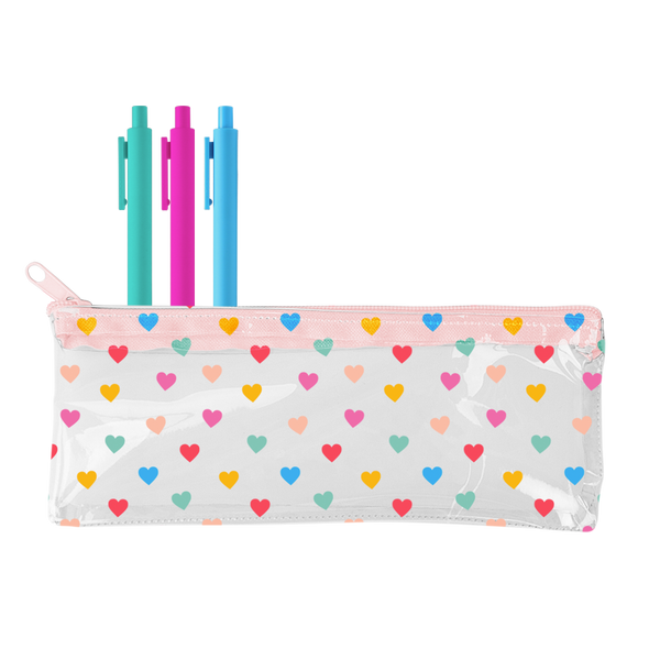 Tiny Hearts clear vinyl pixie pouch with three jotter pens inside, teal, pink and bright blue.