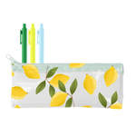 Lemons Pixie Pouch with three jotter pens in it: Grass Green, Citron and Powder Blue.