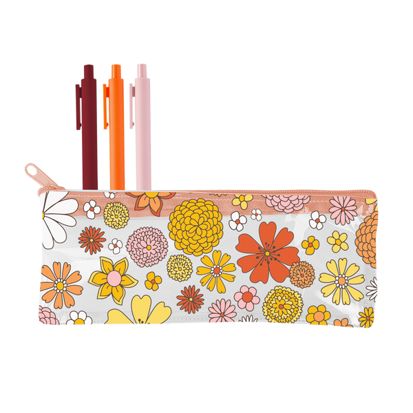Flower Power clear vinyl pixie pouch with three jotter pens inside, Sangrai, Orange and Blush.