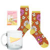 Over it AF kit with glass coffee mug, retro floral socks, and an enamel pin
