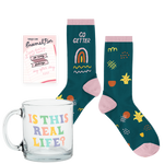 Is This Real Life Mug Kit with glass coffee mug, cute socks, and an enamel pin