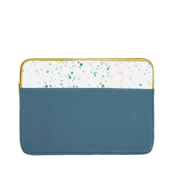 Spruce green laptop sleeve with white paint splatter trim, a gold zipper, and 13 inch size.