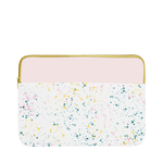 White paint splatter print laptop sleeve with blush pink trim, a gold zipper, and 13 inch size.